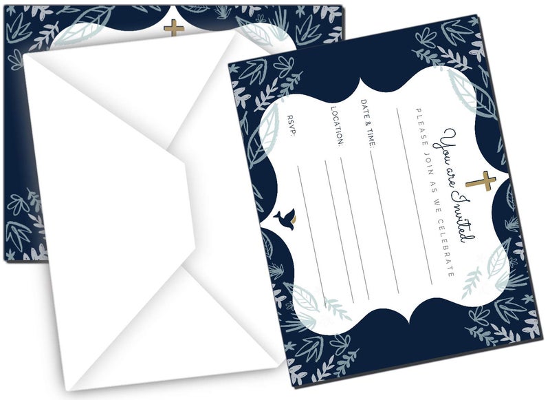 Elcer 25 Religious Invitations Boys & Girls Navy Blue & Gold | Fill in Blank Cards Invites Holy First Communion Baptism Confirmation Christening Reconciliation | 25 ct with envelopes | 5" x 7" - Image 5